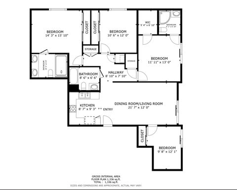 Floor plan for 4 beds, 3 baths, 1570 sqft